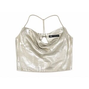 Zara Womens Metallic Gold Cowl Neck Halter Crop Top XS Party Festival Night Out